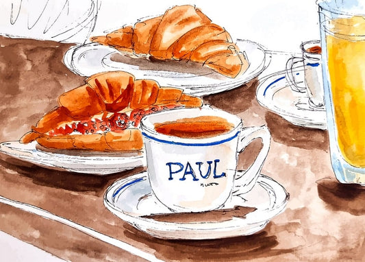 Watercolor illustration of croissants, coffee, and orange juice on a breakfast table