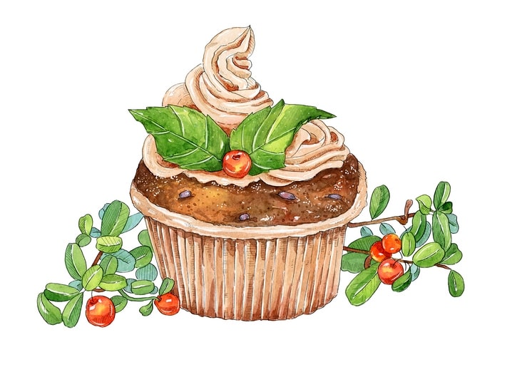 Watercolor cupcake with cream frosting beside branches of red berries and green leaves