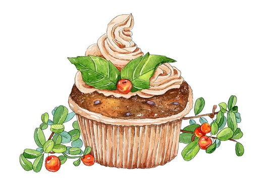 Watercolor cupcake with cream frosting beside branches of red berries and green leaves