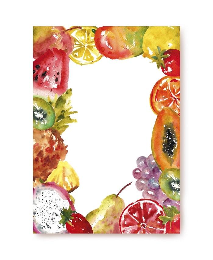 A5 letter paper bordered with a watercolor wreath of watermelon, kiwi, pineapple and grapes