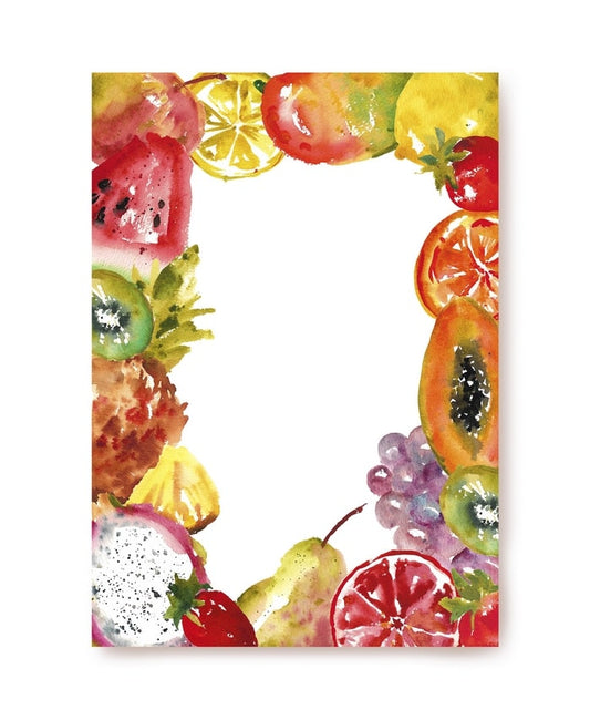 A5 letter paper bordered with a watercolor wreath of watermelon, kiwi, pineapple and grapes