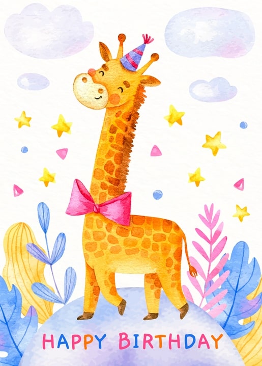 Watercolor giraffe in a party hat and pink bow among clouds and stars