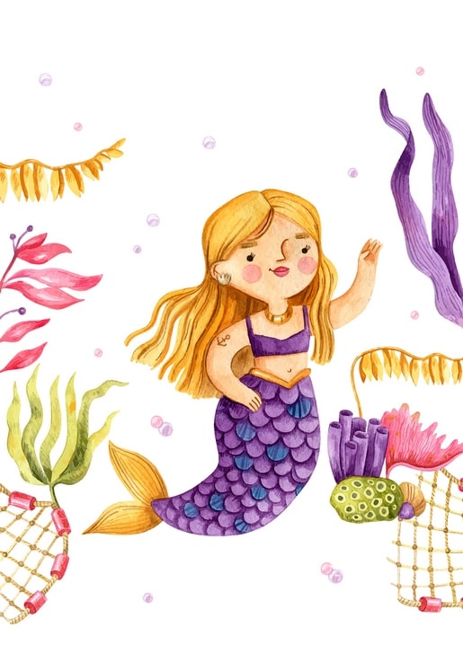 Watercolor illustration of a mermaid with golden hair surrounded by coral, seaweed, and fishing nets
