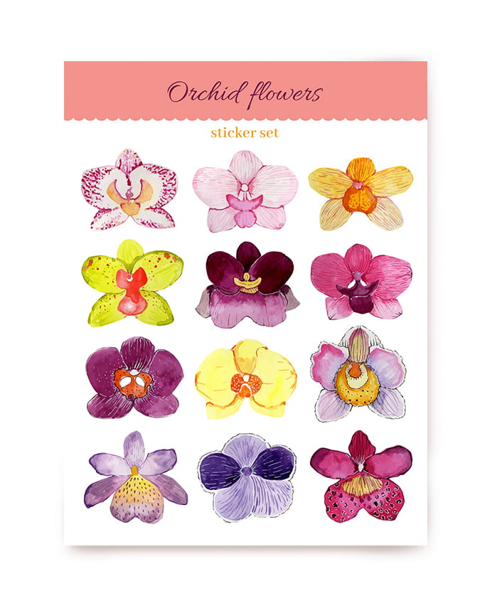 Bogen mit 12 Aquarell-Orchideen-Stickern in Rosa-, Gelb-, Lila- und Grüntönen