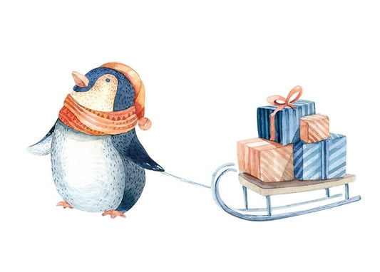 Aquarell-Pinguin mit Schal und Mütze zieht einen Schlitten mit Geschenken