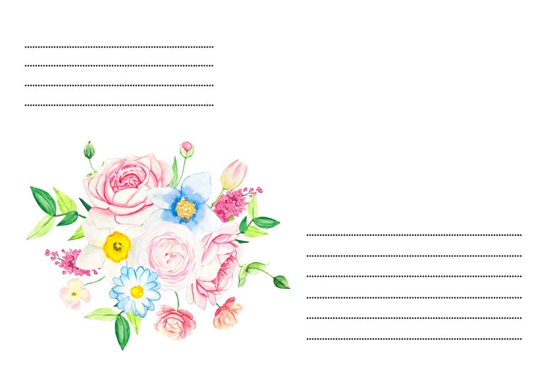Aquarellstrauß aus rosa Rosen, blauen Blüten und einem Gänseblümchen auf Briefumschlag