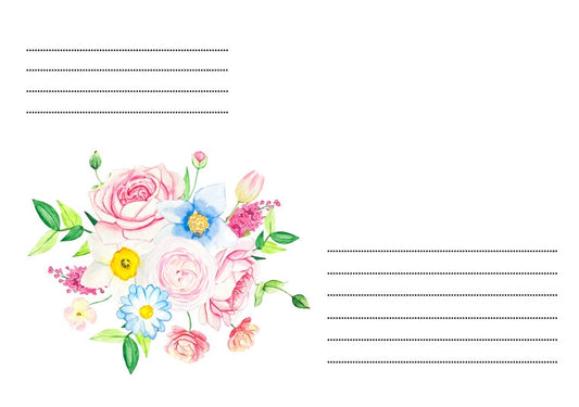 Aquarellstrauß aus rosa Rosen, blauen Blüten und einem Gänseblümchen auf Briefumschlag