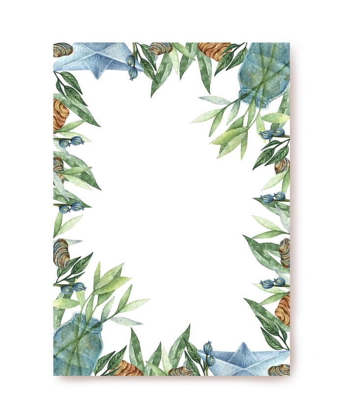 Blank A5 letter paper framed with watercolor seashells, green branches, and blue accents