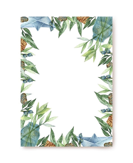 Blank A5 letter paper framed with watercolor seashells, green branches, and blue accents