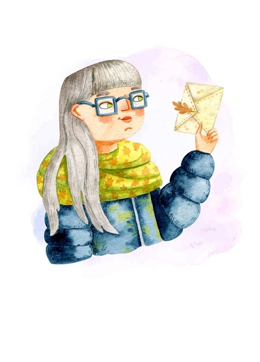 Watercolor portrait of a grey-haired woman in glasses holding an envelope with a dried autumn leaf