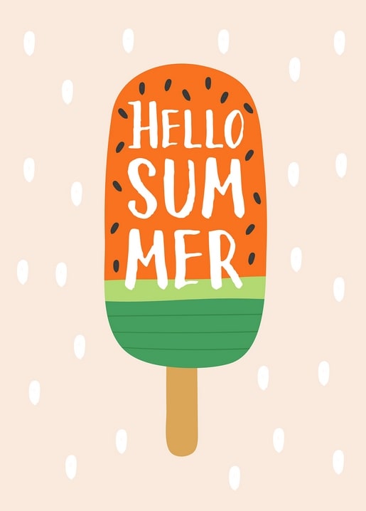Watermelon-striped popsicle illustration with ‘Hello Summer’ lettering