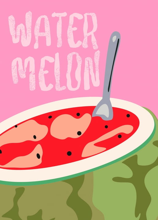 Illustrierte Wassermelonenscheibe auf pinkfarbenem Hintergrund mit handgeschriebenem „Watermelon“-Schriftzug.