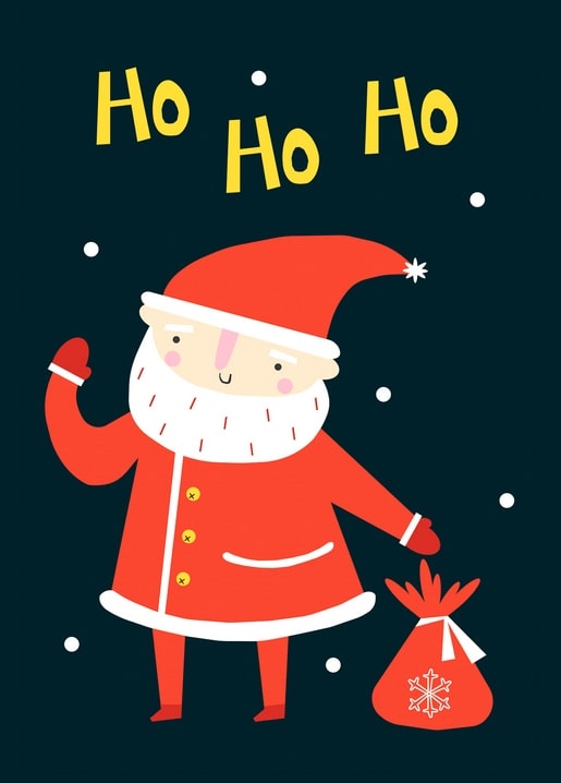 Illustrierter Weihnachtsmann winkt neben einem roten Geschenksack, darüber der Schriftzug Ho Ho Ho