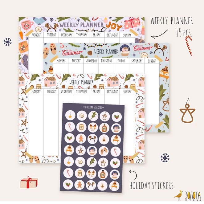 Wochenplaner-Blätter mit Weihnachtsmotiven und ein Bogen runder Feiertagssticker