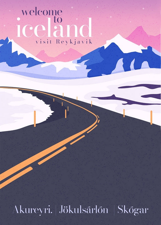 Illustriertes Winterreiseposter mit verschneiter Bergstraße und den Orten Reykjavík, Akureyri und Skógar