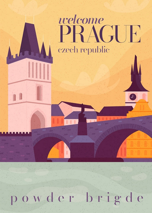 Illustriertes Prag-Reiseposter mit Brückenturm und Karlsbrücke im Abendlicht