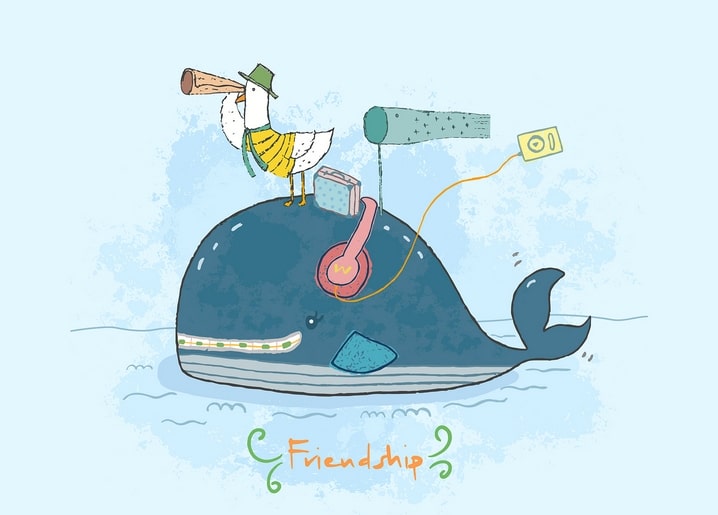 Whale carrying a sailor bird with a spyglass, boombox, and headphones, ‘Friendship’ text