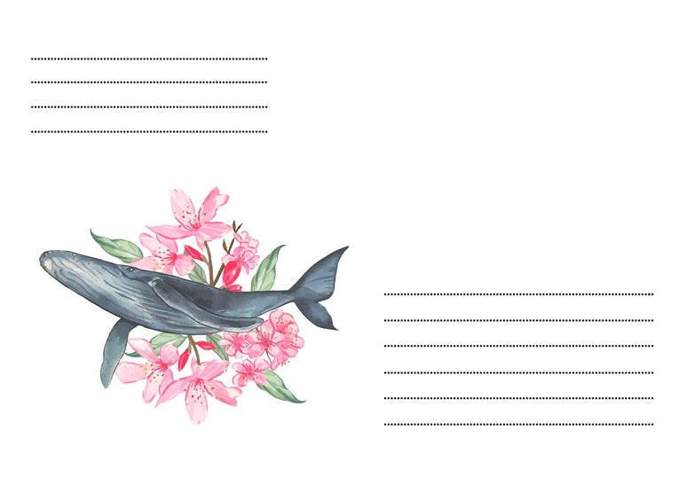 Illustrierter Briefumschlag mit blauem Wal zwischen rosa Kirschblüten
