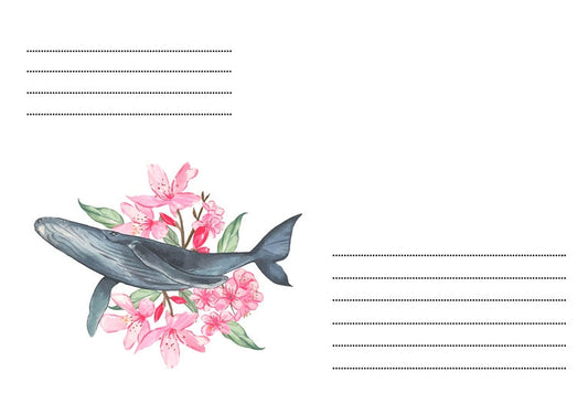 Illustrierter Briefumschlag mit blauem Wal zwischen rosa Kirschblüten