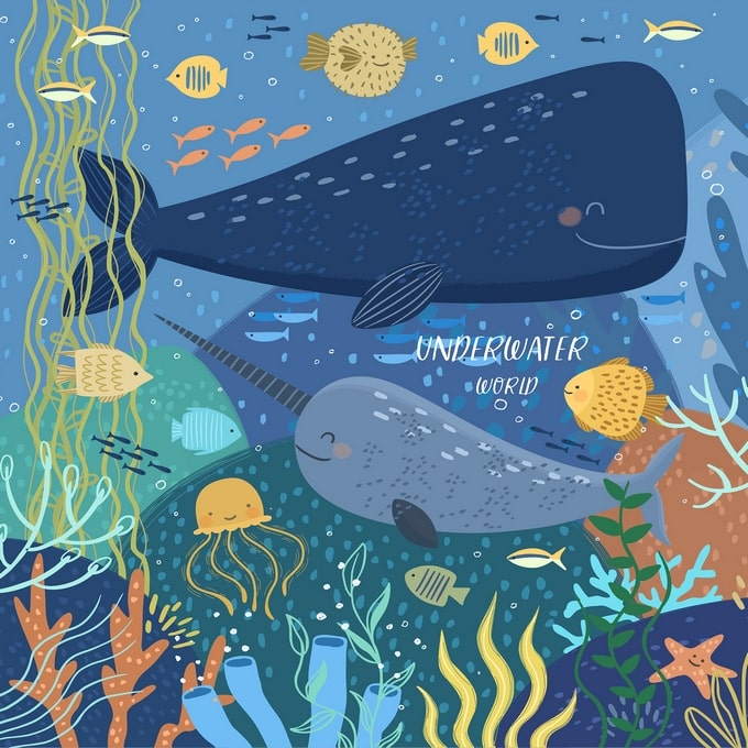 Illustrated postcard of a whale and narwhal swimming among jellyfish and coral