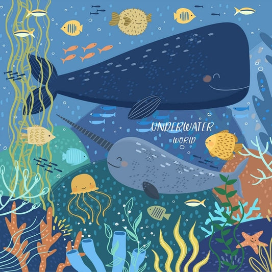 Illustrated postcard of a whale and narwhal swimming among jellyfish and coral