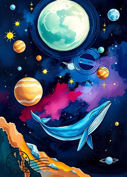 Illustration eines Wals, der über vereisten Berggipfeln durch den Weltraum nahe Planeten und einem blassen Mond schwimmt.