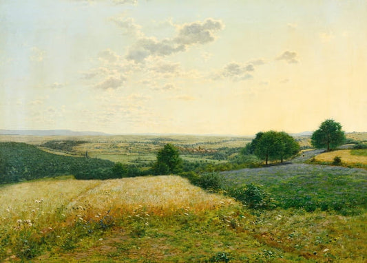Oil painting of golden wheat fields and rolling hills under a summer sky, distant village visible