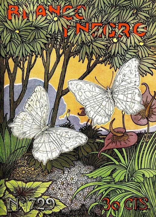 Two white butterflies over pink flowers on a vintage Blanco y Negro magazine cover