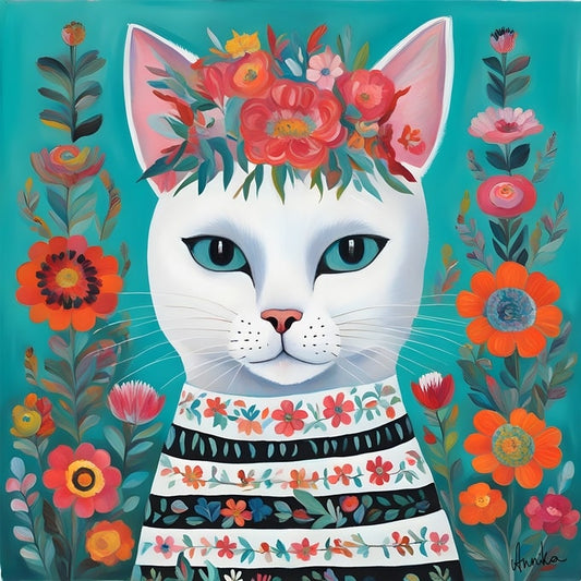 Illustrierte weiße Katze mit rotem Blumenkranz und geblümtem Streifenpullover auf Türkis