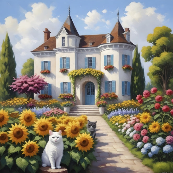 Weißes französisches Schloss mit blauen Fensterläden, Sonnenblumen und weißer Katze mit Kätzchen