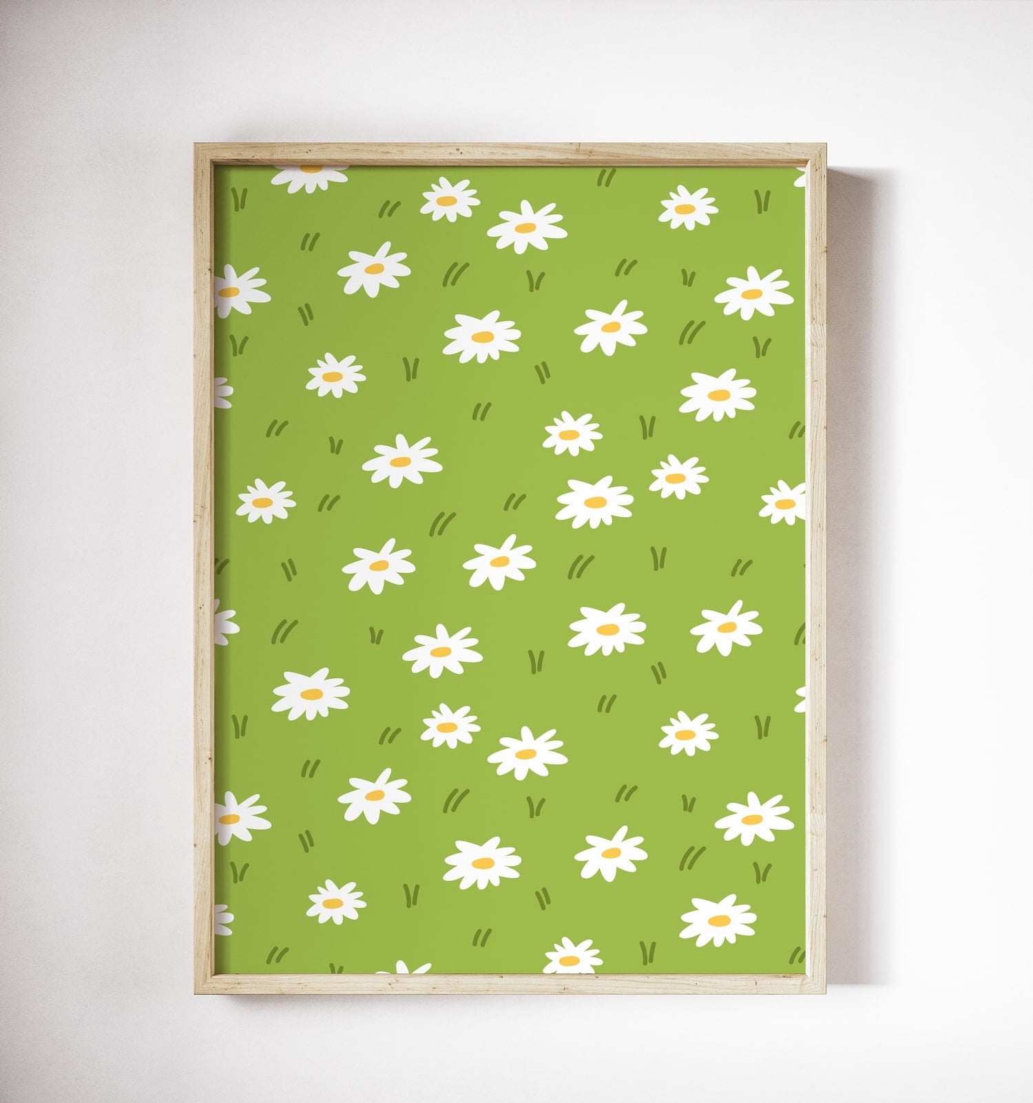 White daisy pattern poster on olive-green background in a wood frame