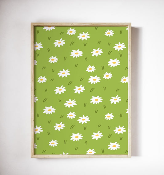 White daisy pattern poster on olive-green background in a wood frame