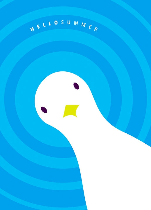 Minimalistische Illustration einer weißen Ente auf blauen Kreisen, Schriftzug „Hello Summer“