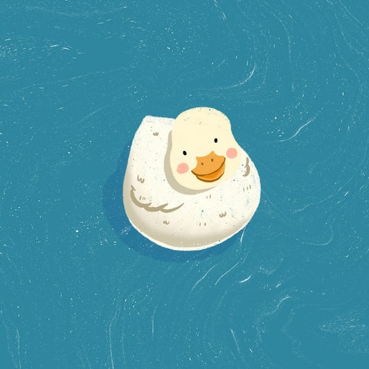 Minimalist illustration of a white duck floating on blue water