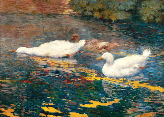 Impressionist painting of white ducks and a duckling swimming on a lake with colorful reflections