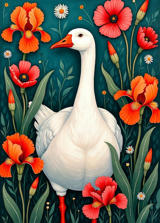 Illustration einer weißen Gans zwischen roten Mohnblumen und orangen Schwertlilien