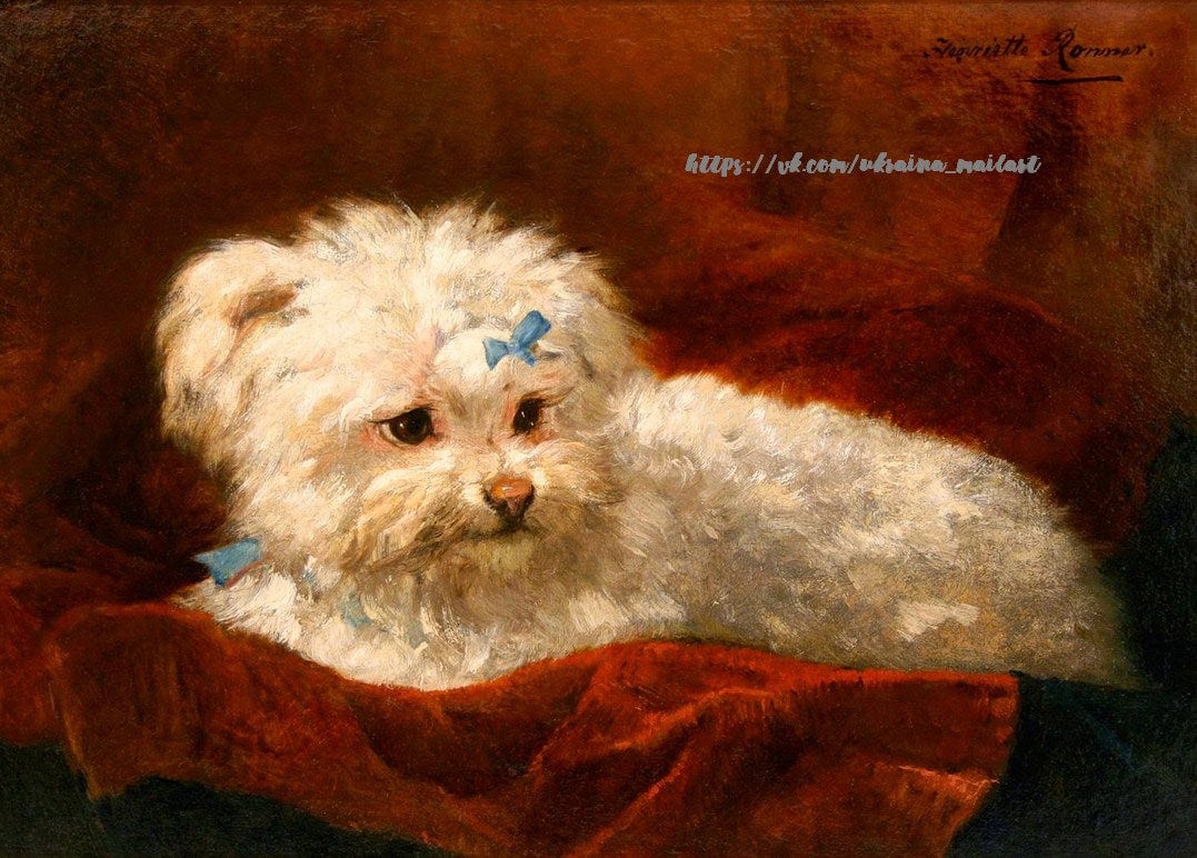 Painting of a fluffy white lapdog with blue ribbons resting on a red velvet cushion