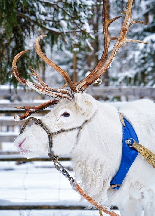 White reindeer with snow-dusted antlers and blue harness in a winter forest