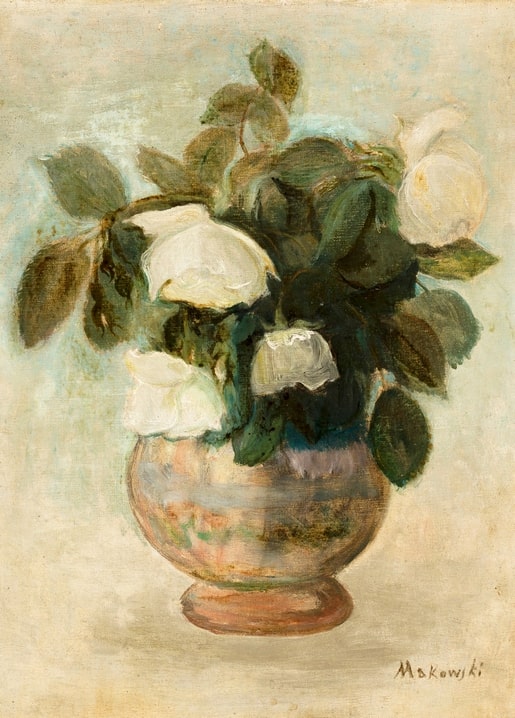 Weiße Rosen in einer Keramikvase, Stillleben von Tadeusz Makowski