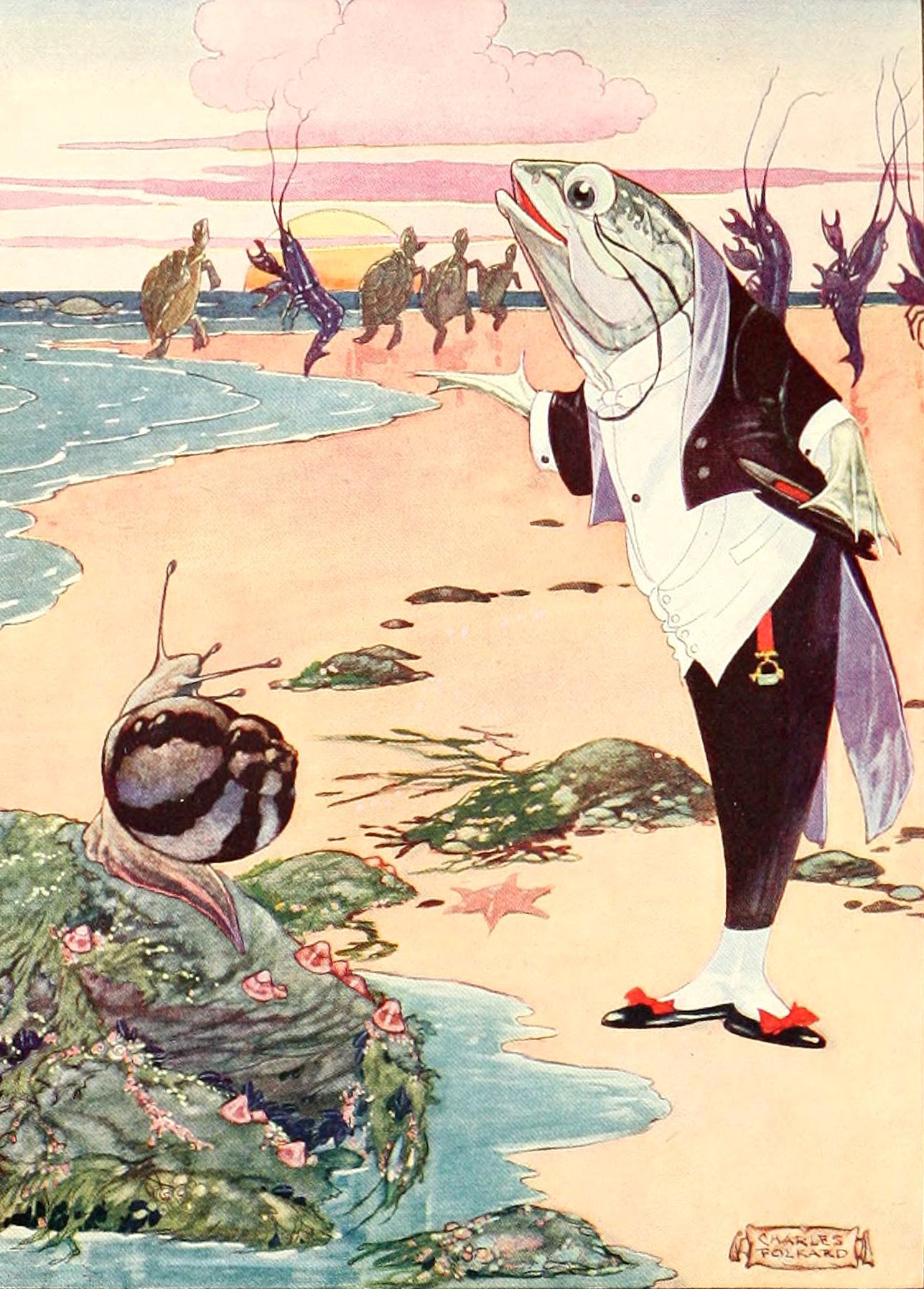 Close-up postcard detail of a whiting in a tailcoat addressing a snail on flowering rocks at sunset