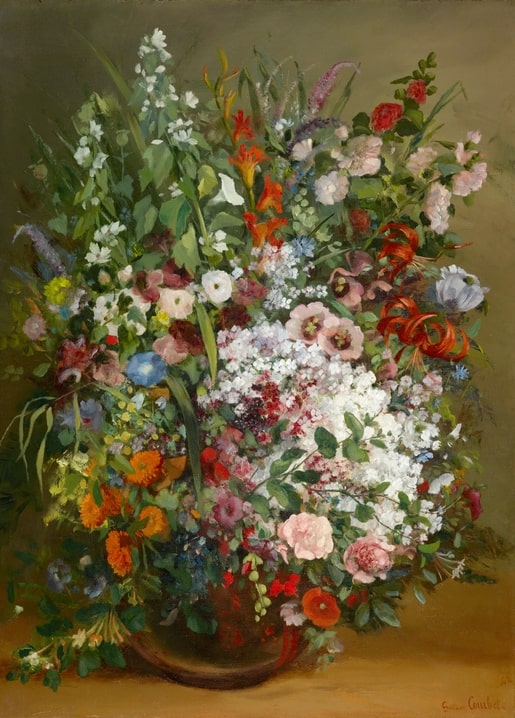 Wilder Blumenstrauß mit roten Lilien und Mohn, Stillleben von Gustave Courbet