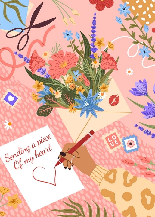 Букет польових квітів, конверт і рука, що пише «Sending a piece of my heart»
