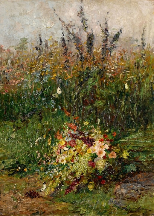 Painting of a wild bouquet with white butterflies lying in tall meadow grass, postcard by Olga Wisinger-Florian