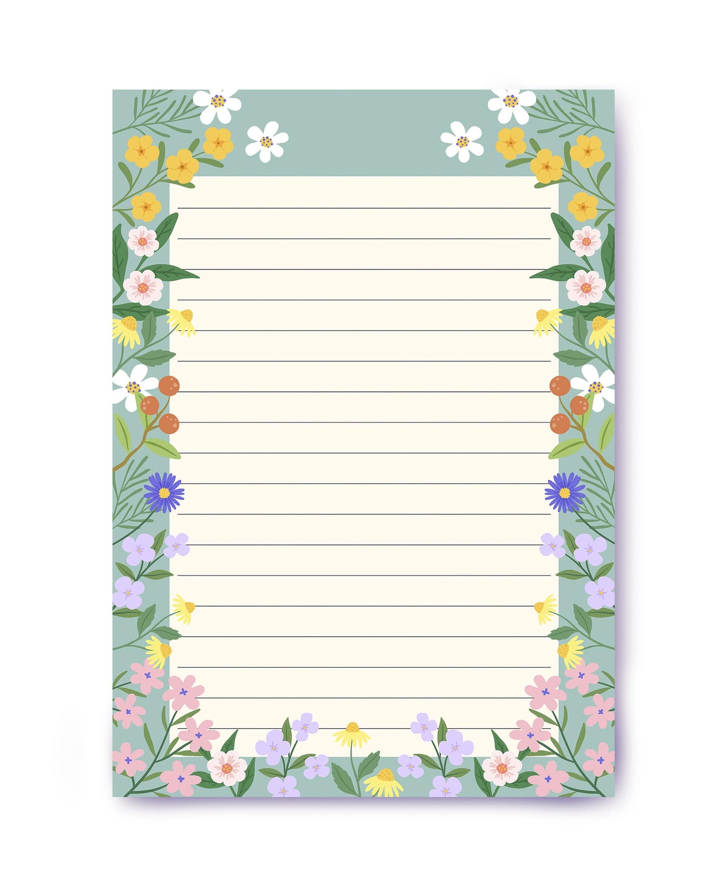 Lined letter paper with a colorful wildflower border of daisies and buttercups