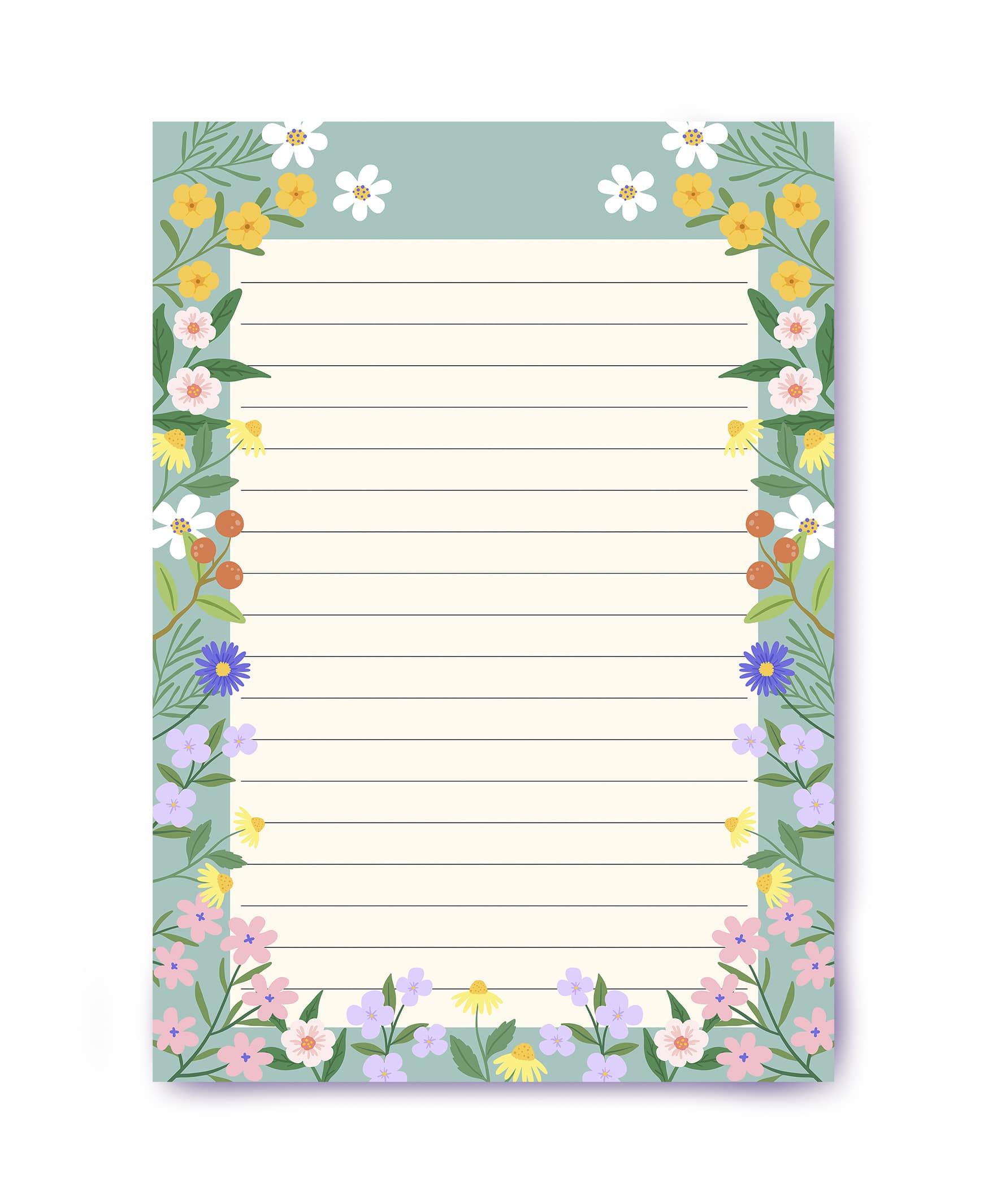 Lined letter paper with a colorful wildflower border of daisies and buttercups