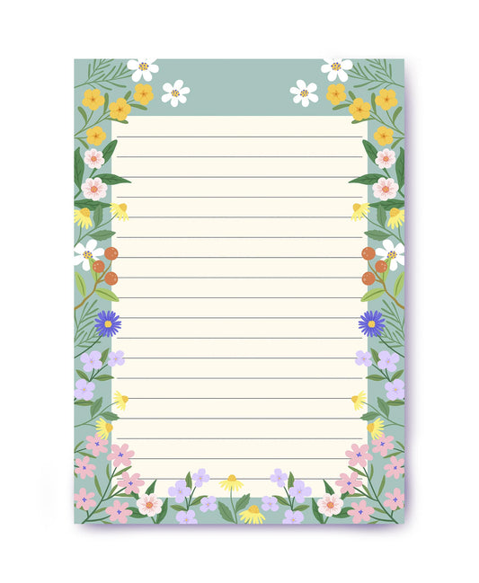 Lined letter paper with a colorful wildflower border of daisies and buttercups