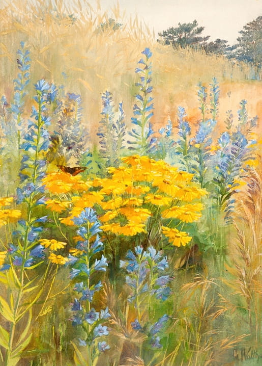 Watercolor meadow with yellow flowers, blue flower spikes and a butterfly by Lilly Walther