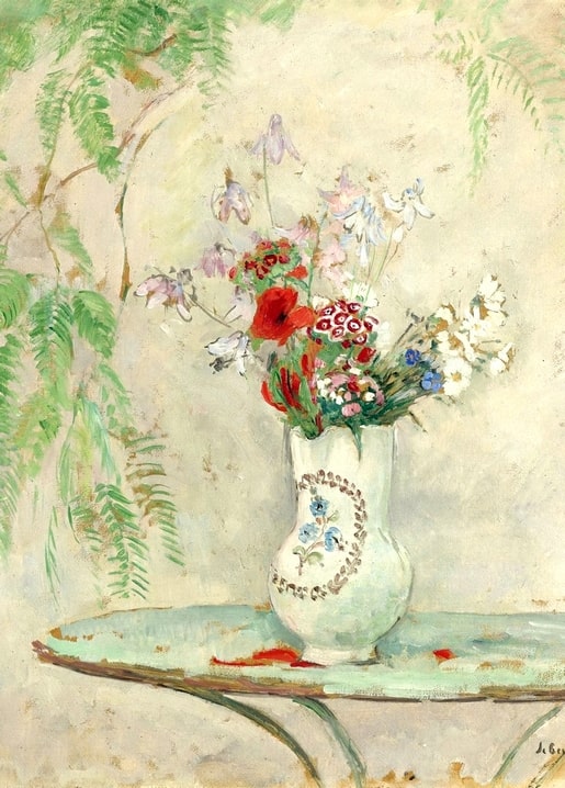 Henri Lebasque painting of poppies and wildflowers in a jug on a garden table