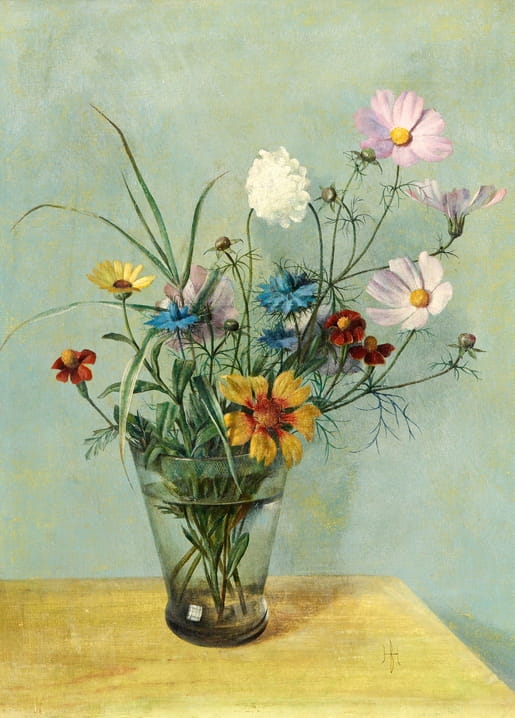 Herbert Böttger painting of wildflowers — cornflowers, cosmos, daisies — in a glass vase