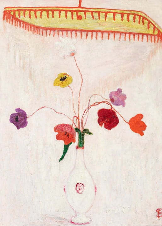 Still life of wildflowers in a white vase under a red-yellow fringed canopy, by Florine Stettheimer
